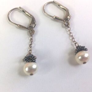 Natural Drop Pearl Chain Earrings Sterling Silver Dainty 925